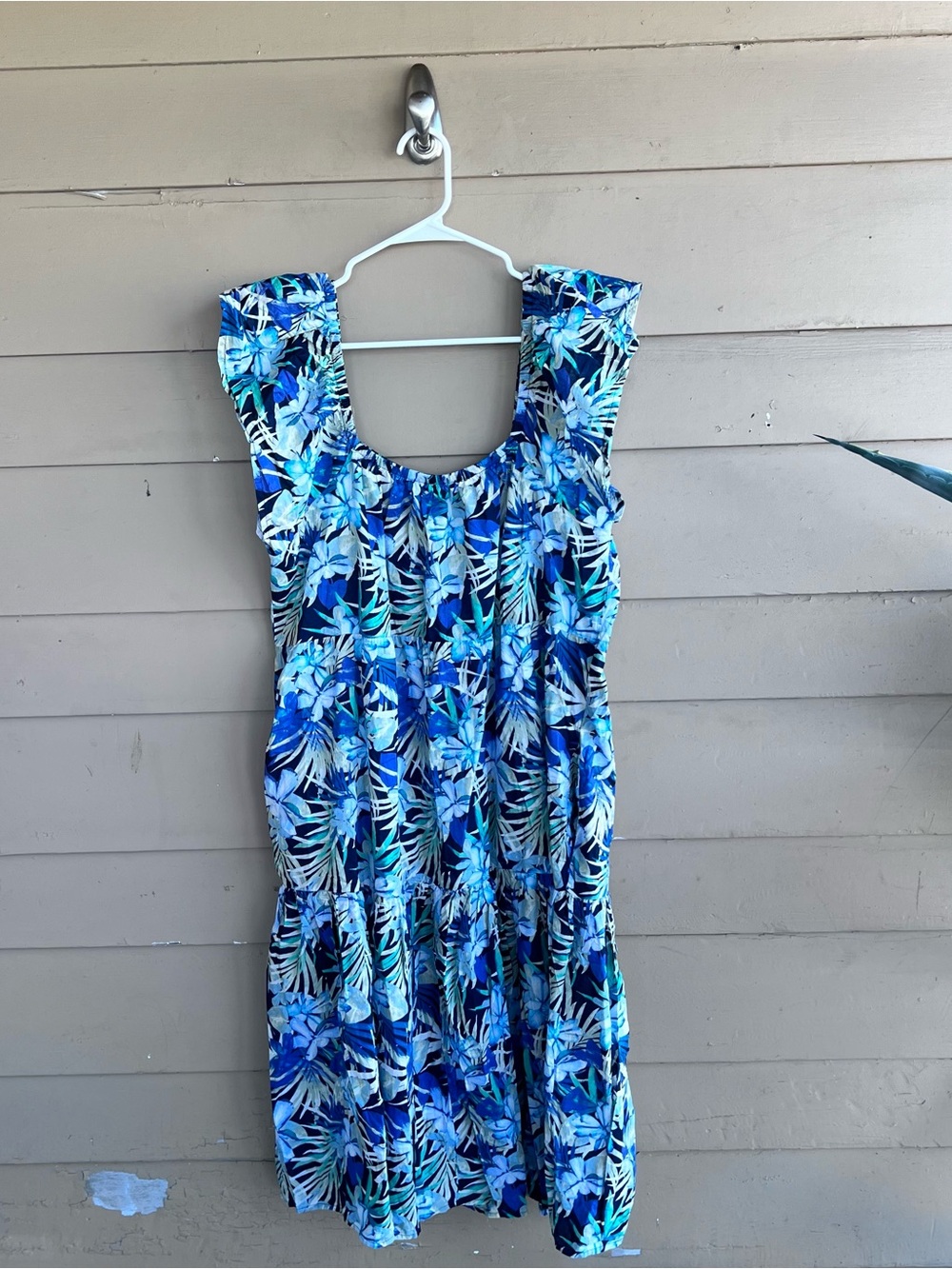 Time & Tru Floral 100% Cotton Tiered Dress XL Blue Green Tropical Resortwear